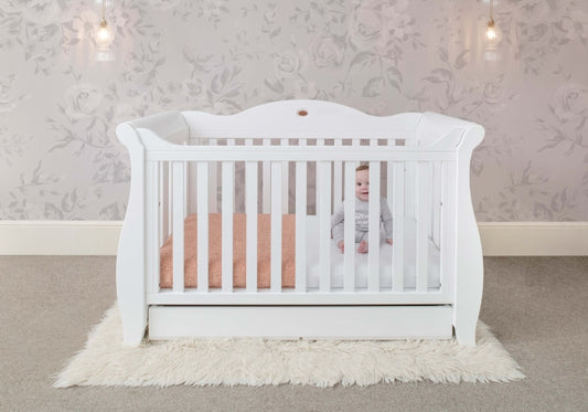 Boori Sleigh Royale 2 Piece Room Set - Sleigh Royale Cot Bed & Sleigh 3 Drawer Chest Smart Assembly - White - Bambini & Bo