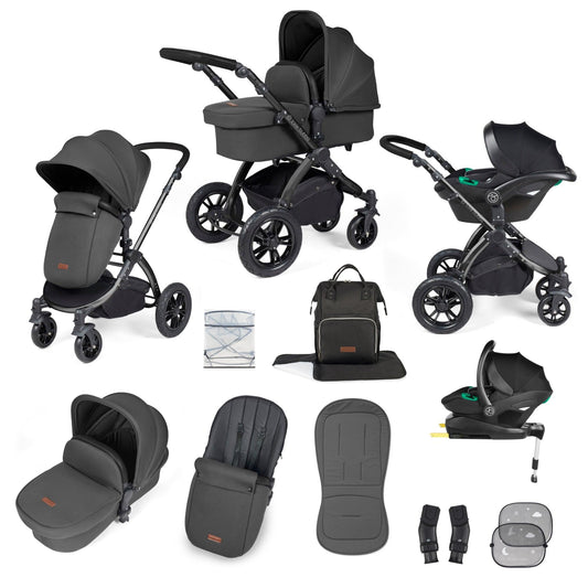 Ickle Bubba Stomp Luxe All-in-One Travel System with Isofix Base - Black/Charcoal/Black - Bambini & Bo