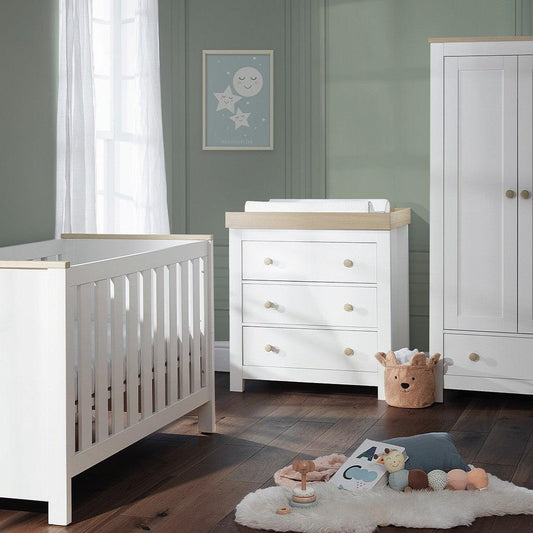 CuddleCo Luna 3 Piece Nursery Furniture Set (Cot Bed, Dresser & Wardrobe) - White & Oak