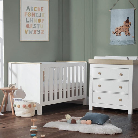 CuddleCo Luna 2 Piece Nursery Furniture Set (Cot Bed & Dresser) - White & Oak